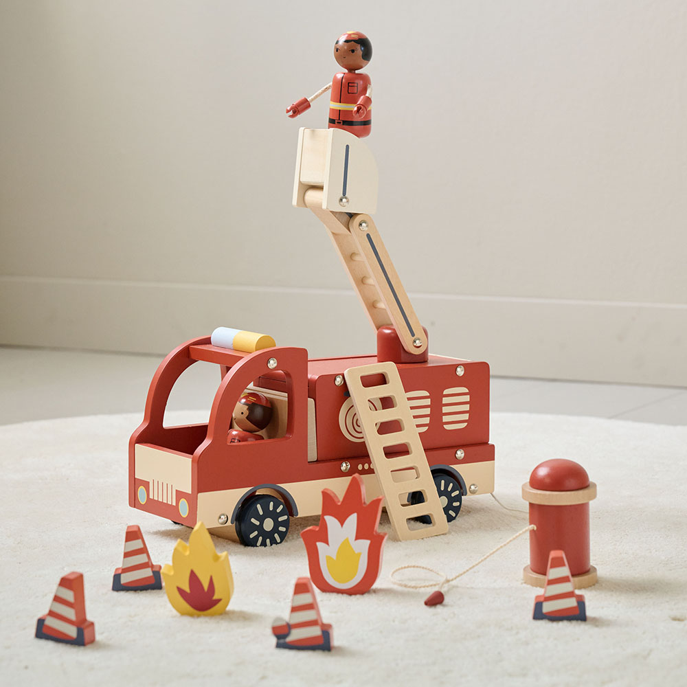 CAMION DE POMPIERS EN BOIS «POMPIER» | ACCESSOIRES INCL. | ROUGE