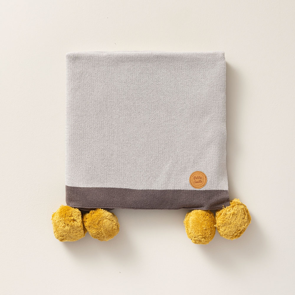 Couverture bébé grise à pompons jaunes, 80x100cm