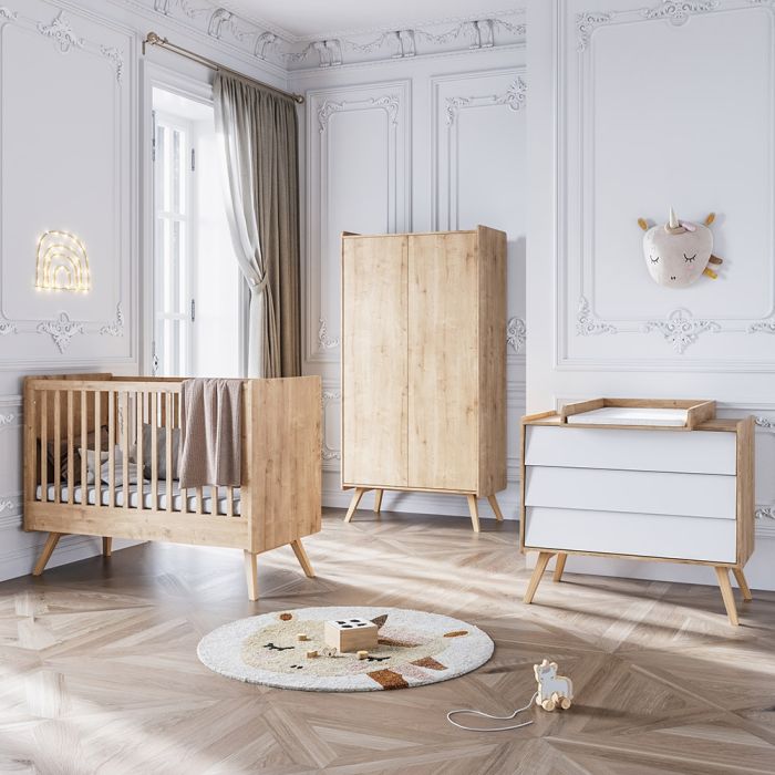 Chambre complète lit bébé commode à langer et armoire Seventies Bois et  blanc